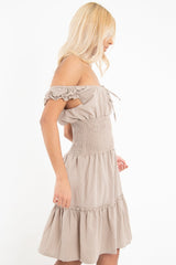 Mocha Ruched Tie Front Skater Dress - Zakara-Dresses