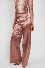 Mocha Satin Wide Leg Trousers - Tisha-Trousers