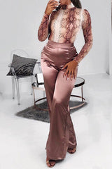 Mocha Satin Wide Leg Trousers - Tisha-Trousers