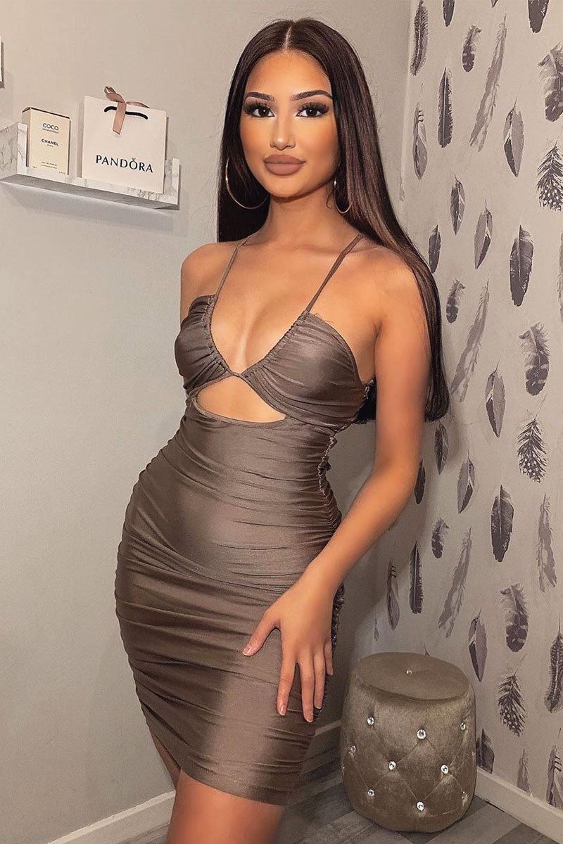Mocha Slinky Ruched Lace Up Dress - Haisley-Dresses