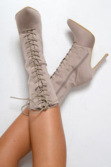 Mocha Stretchy Lace Up Heeled Ankle Boots - Aayla-Boots