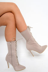 Mocha Stretchy Lace Up Heeled Ankle Boots - Aayla-Boots