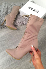 Mocha Stretchy Lace Up Heeled Ankle Boots - Aayla-Boots