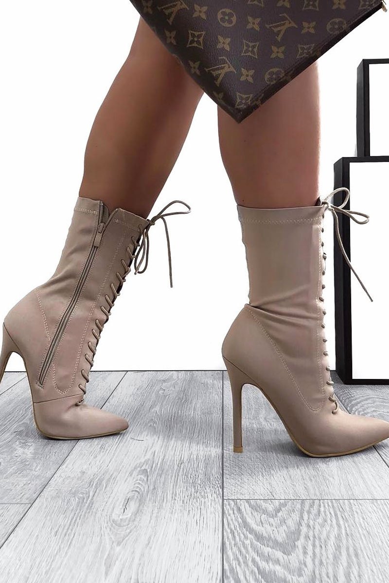 Mocha Stretchy Lace Up Heeled Ankle Boots - Aayla-Boots