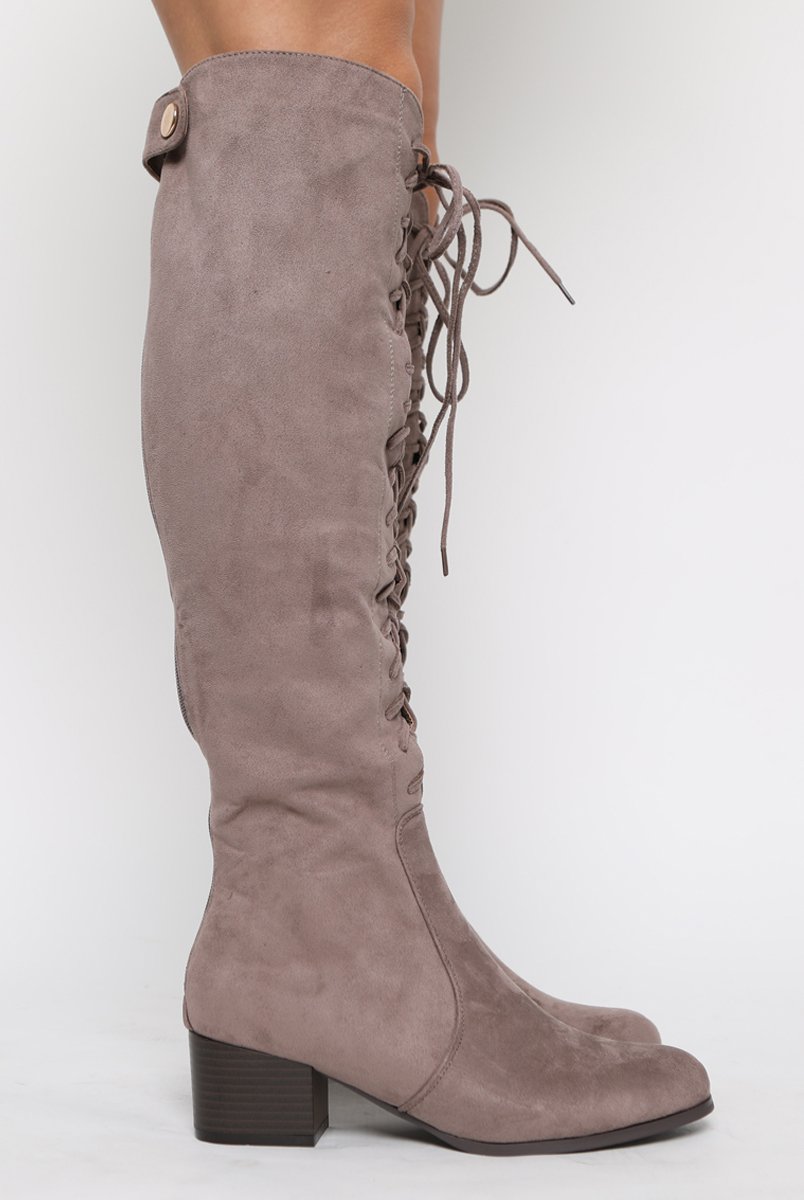 Mocha Suede Front Lace Up Knee High Boots - Aliah-Boots