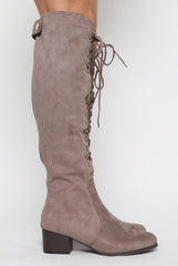 Mocha Suede Front Lace Up Knee High Boots - Aliah-Boots