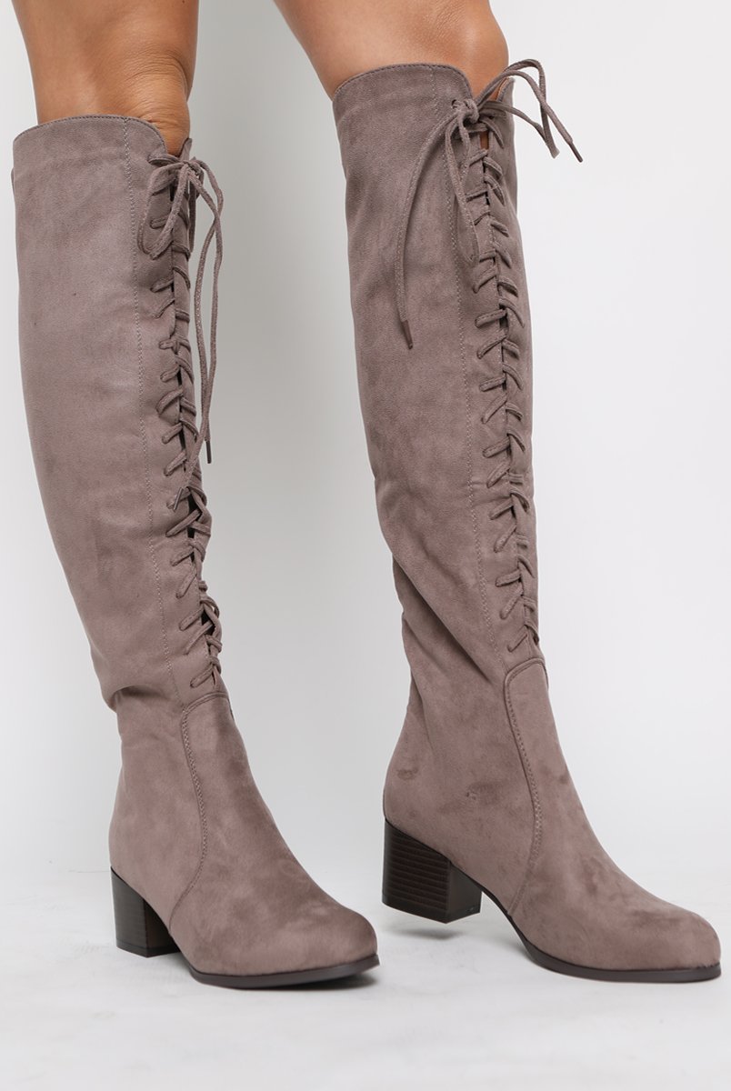 Mocha Suede Front Lace Up Knee High Boots - Aliah-Boots