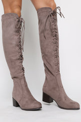 Mocha Suede Front Lace Up Knee High Boots - Aliah-Boots