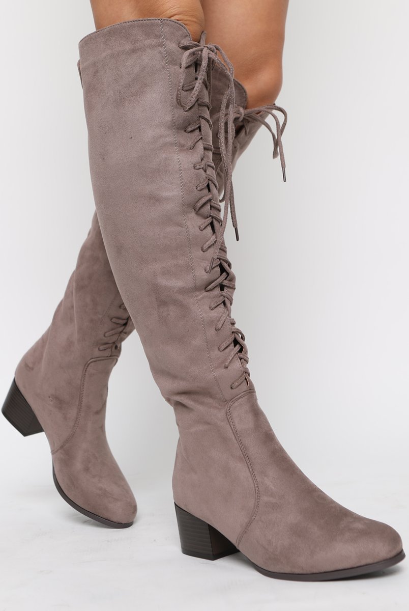Mocha Suede Front Lace Up Knee High Boots - Aliah-Boots
