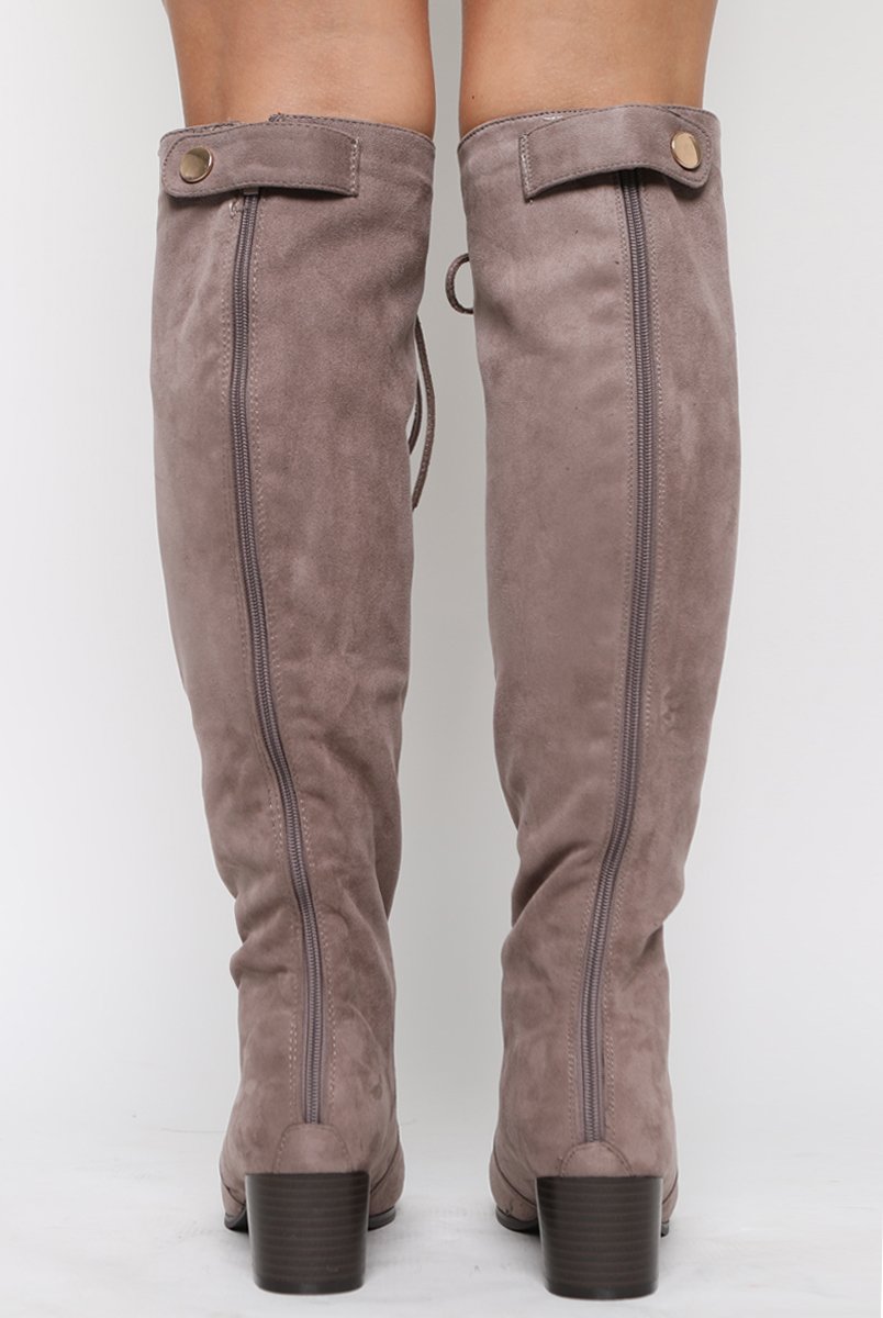 Mocha Suede Front Lace Up Knee High Boots - Aliah-Boots