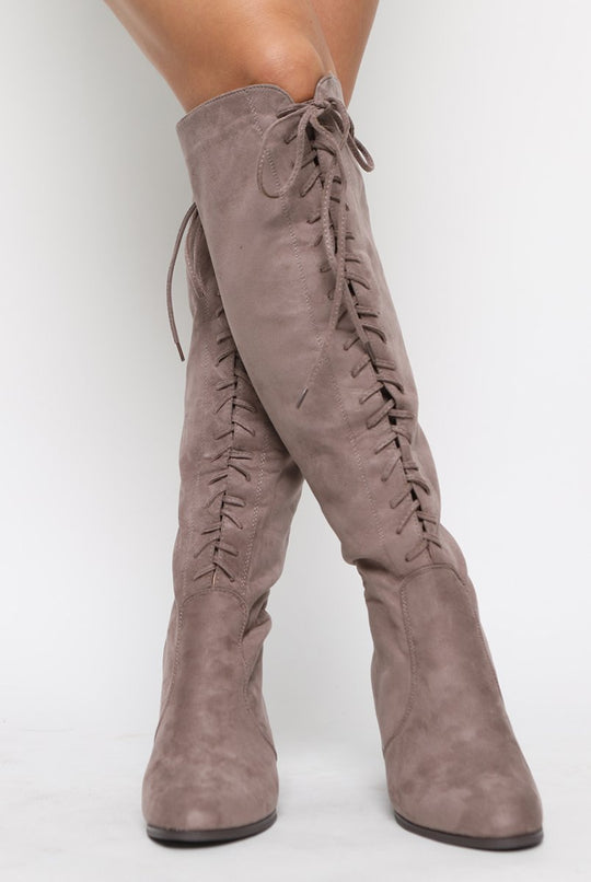 Mocha Suede Front Lace Up Knee High Boots - Aliah