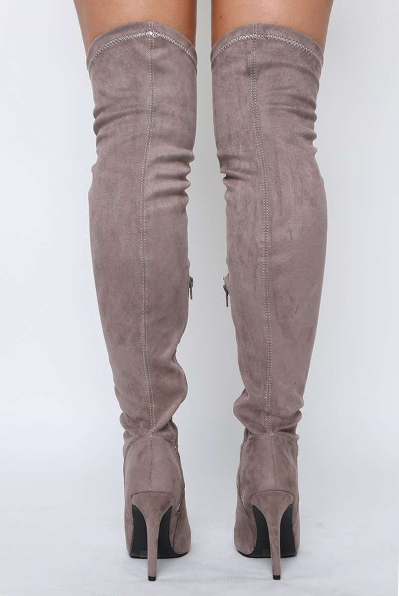 Mocha Suede Stiletto Heel Over The Knee Boots - Kaira-Boots