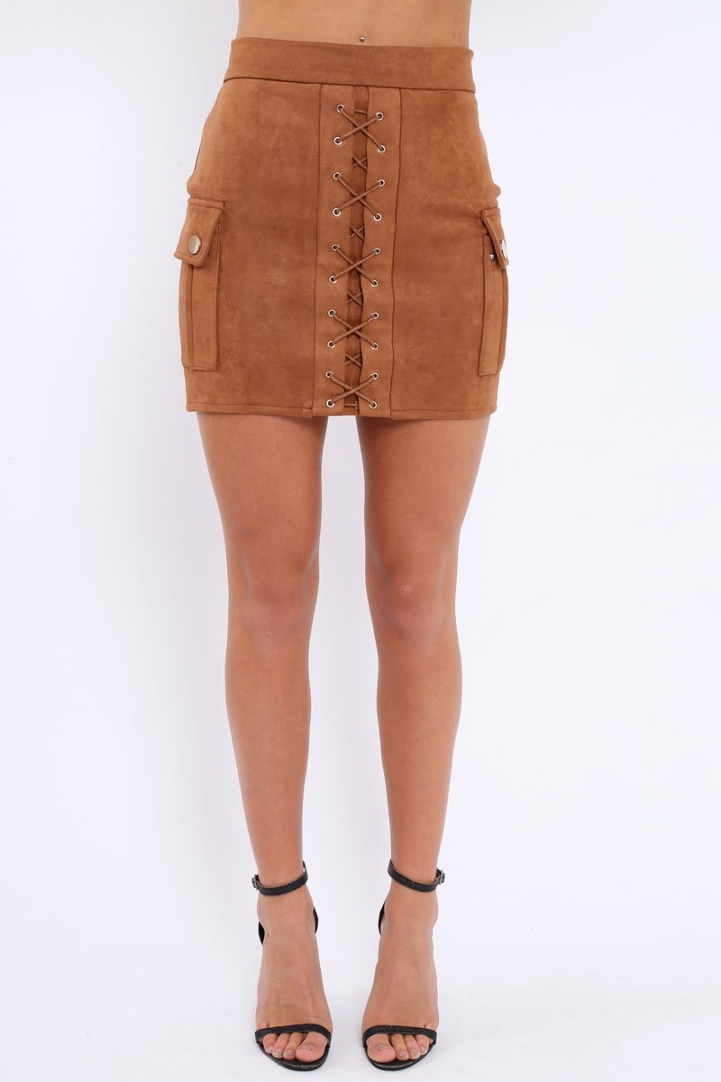 Mocha Suedette Lace Up Skirt - Ressie-Skirts