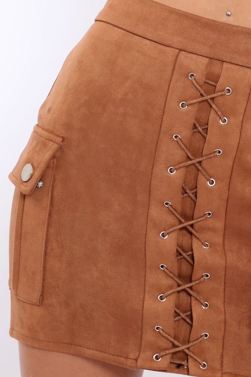 Mocha Suedette Lace Up Skirt - Ressie-Skirts