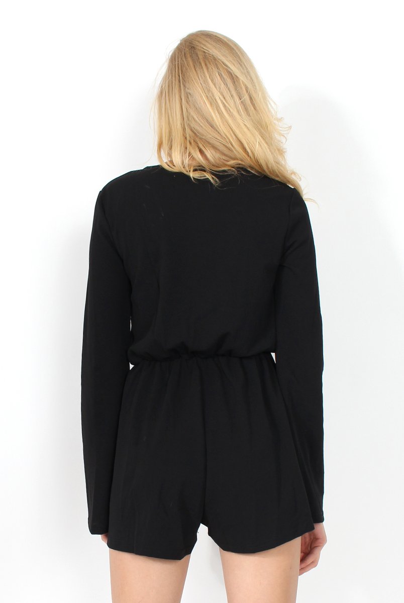 Mona Black Tie Front Playsuit-Playsuits