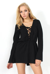 Mona Black Tie Front Playsuit-Playsuits