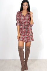 Mona Red Paisley Print Shirt Dress-Dresses