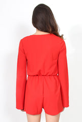Mona Red Tie Front Playsuit-Playsuits