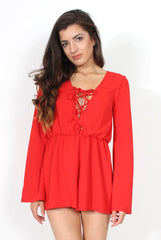 Mona Red Tie Front Playsuit-Playsuits