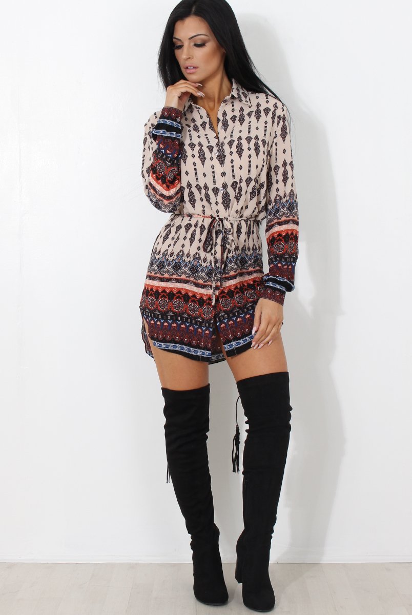Moni Beige Floral Print Shirt Dress-Dresses