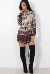 Moni Beige Floral Print Shirt Dress-Dresses