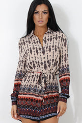 Moni Beige Floral Print Shirt Dress-Dresses