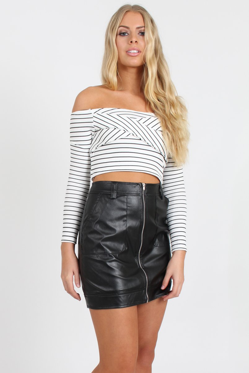 Monochrome Bardot Crop Top - Kaitlin-Tops