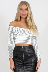 Monochrome Bardot Crop Top - Kaitlin-Tops