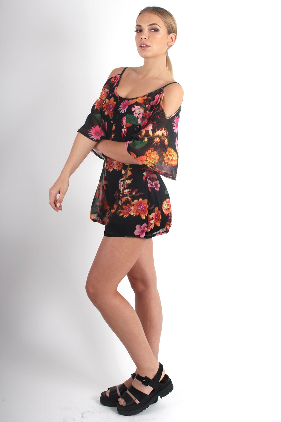 Morgan Black Floral Playsuit-Playsuits