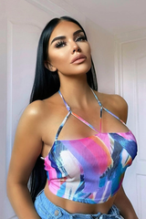 Multi Abstract Print Mesh Halterneck Crop Top - Aggie