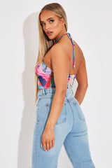 Multi Abstract Print Mesh Halterneck Crop Top - Aggie-Crop Tops