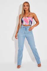 Multi Abstract Print Mesh Halterneck Crop Top - Aggie-Crop Tops