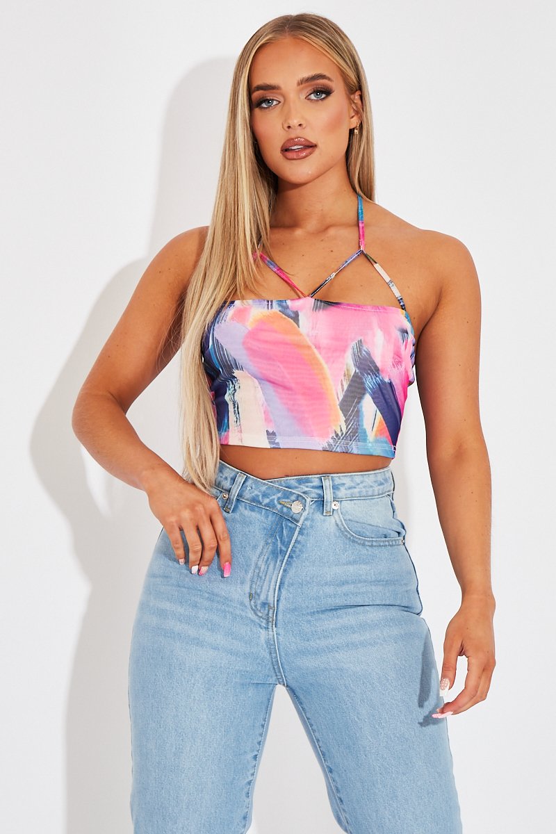Multi Abstract Print Mesh Halterneck Crop Top - Aggie-Crop Tops