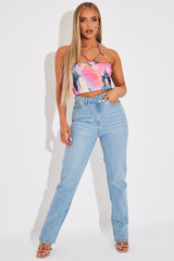 Multi Abstract Print Mesh Halterneck Crop Top - Aggie-Crop Tops