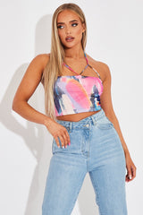 Multi Abstract Print Mesh Halterneck Crop Top - Aggie-Crop Tops