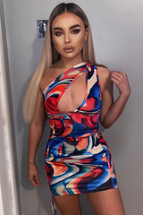 Multi Abstract Side Halter Neck Side Ruched Mini Dress - Addi