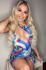 Multi Abstract Side Halter Neck Side Ruched Mini Dress - Addi