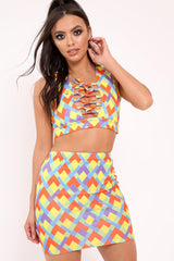 Multi Aztec Print Lace Up Crop Top And Mini Skirt Co-ord - Mabrey-Co-ords