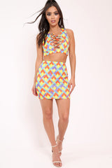 Multi Aztec Print Lace Up Crop Top And Mini Skirt Co-ord - Mabrey-Co-ords