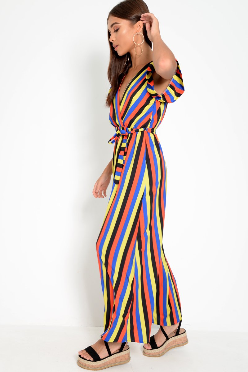 Multi Colour Plunge Wrap Belted Maxi Dress - Carri-Dresses