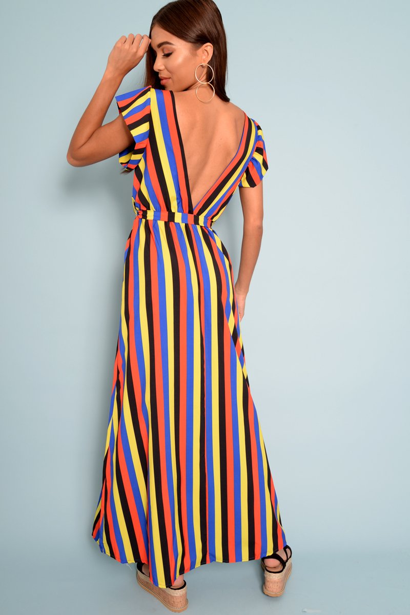 Multi Colour Plunge Wrap Belted Maxi Dress - Carri-Dresses