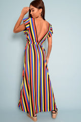 Multi Colour Plunge Wrap Belted Maxi Dress - Carri-Dresses