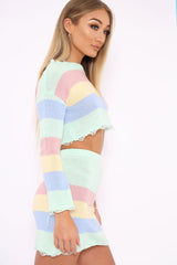 Multi Coloured Pastel Knitted Cropped Jumper And Skirt Co-Ord - Lahna-Co-ords