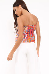 Multi Coloured Patterned Ruched Peplum Crop Top - Idiana-Crop Tops