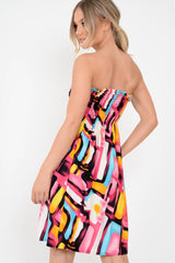 Multi Coloured Print Shirred Bandeau Dress - Safreen-Dresses