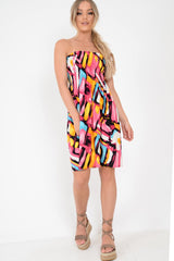 Multi Coloured Print Shirred Bandeau Dress - Safreen-Dresses