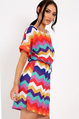 Multi Coloured Zig Zag Tie Waist T Shirt Dress - Maegan-Dresses