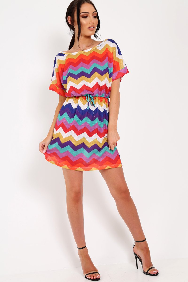 Multi Coloured Zig Zag Tie Waist T Shirt Dress - Maegan-Dresses