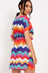 Multi Coloured Zig Zag Tie Waist T Shirt Dress - Maegan-Dresses