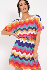 Multi Coloured Zig Zag Tie Waist T Shirt Dress - Maegan-Dresses